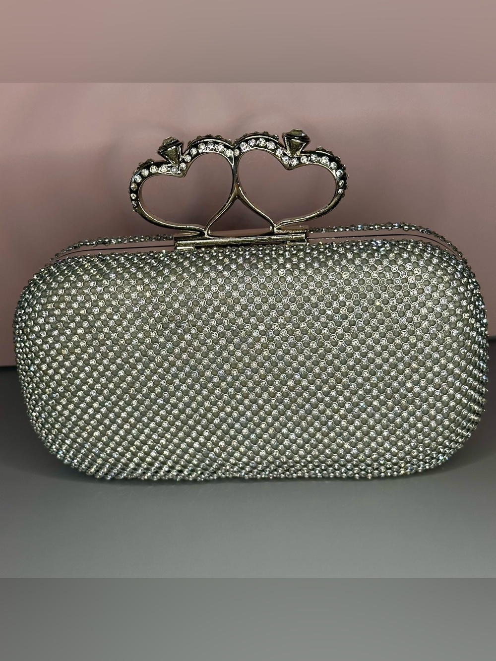 Silver Rhinestone Clutch Heart Clasp Crystal Evening Bag Wedding Prom Formal - Picture 2 of 15